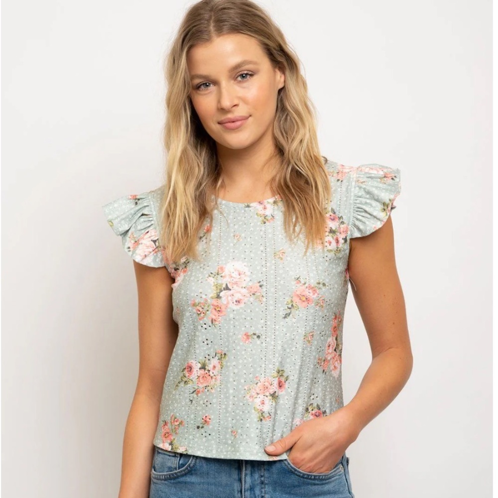 Size Small RoomMates Green Ruffle Top with Floral Print